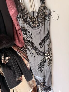 Silver Embellished Prom Dress with Jewel Detailing